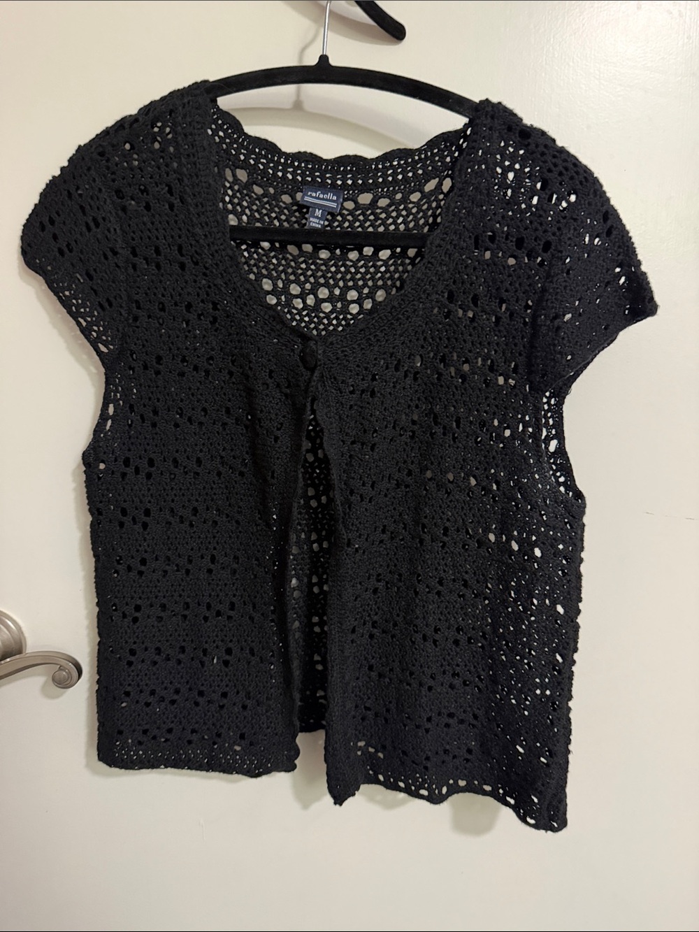 Rafaella Black Crochet Short-Sleeve Open Knit Cardigan